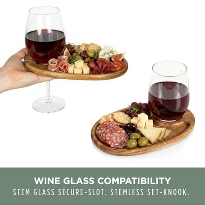PICNIC TIME Wine Appetizer Plates, Set of 4 Wooden Cocktail Plates with Glass Holder, Mini Charcuterie Boards for Wine and Cheese Parties, Acacia Cheese Board Serving Trays (Oval - Acacia Wood)