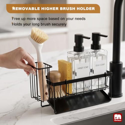 GMISUN Kitchen Soap Dispenser Set, 12 fl oz / 350 ml Dish Soap Dispensers with Sponge Holder, Customized Clear Glass Dish soap Dispenser for Kitchen, Modern Soap Dispensers Set Removable - color: Clear Bottle + Black Rack