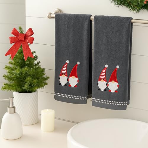 Christmas Gnomes Towel Set: Dark Grey Hand Towels with Red White Embroidery Jolly Nordic Gnome, Set of 2 - color: Holiday Gnomes