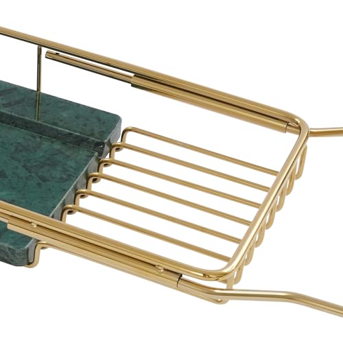 Expandable Stainless Steel Bathtub Caddy Tray, Adjustable Over Tub Rack Marble Board Anti-Slip Groove Raised Guardrail Modern Bath Organizer for Home Hotel Bathroom Use (Gold + Green) - color: Gold + Green