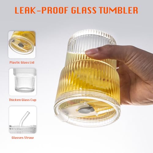 13oz/400ML Glass Tumbler with Straw and Lid Ribbed Vertical Ice Coffee Cups Sealed Carry on for Coffee Iced Tea, Thick Wall Glassware Tumbler Water Glass - color: 1Pack Clear-A