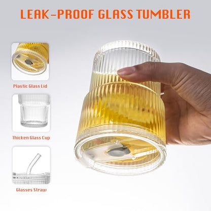 13oz/400ML Glass Tumbler with Straw and Lid Ribbed Vertical Ice Coffee Cups Sealed Carry on for Coffee Iced Tea, Thick Wall Glassware Tumbler Water Glass - color: 1Pack Clear-A