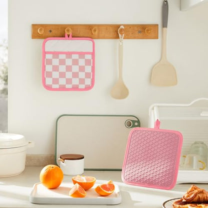 Ohocut Pink Checkered Pot Holder, Checkerboard Potholders for Kitchen, Silicone Pot Holders with Pocket for Kitchen Clearance 2 Pack Set, Hot Pads and Oven Mitts for Cooking Baking - color: Pink