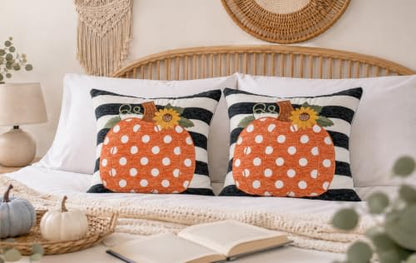 Embroidery Fall Pumpkin Pillow Covers Set of 2(Black & White,20x20) | Soft chenille, black-and-white stripe design, applique pumpkin and sunflower embroidery, hidden zipper, for sofa and bed - size: 20" x 20" (Pack of 2)