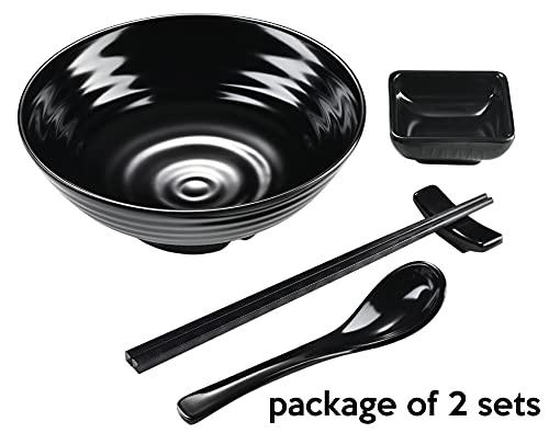 Unbreakable Ramen Bowl Set with Chopsticks and Spoon: 2 large Japanese Style Melamine Ramen Bowls, Dipping Bowls and Chopstick Stands for Asian Pho Soup Thai Miso Udon Wonton (2 Bowl Set, Black) - color: Black, size: 2 Bowl Set
