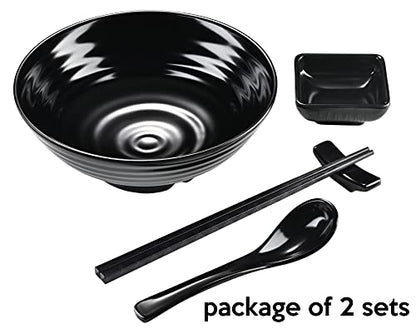 Unbreakable Ramen Bowl Set with Chopsticks and Spoon: 2 large Japanese Style Melamine Ramen Bowls, Dipping Bowls and Chopstick Stands for Asian Pho Soup Thai Miso Udon Wonton (2 Bowl Set, Black) - color: Black, size: 2 Bowl Set