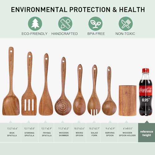 Wooden Spoons for Cooking - 8-Piece Wooden Kitchen Utensil Set made of Natural Solid Wood Material-Includes Spoons,Spatulas,Ladles,Mixing Spoon and Utensil Holder,Valentine's Day Gifts