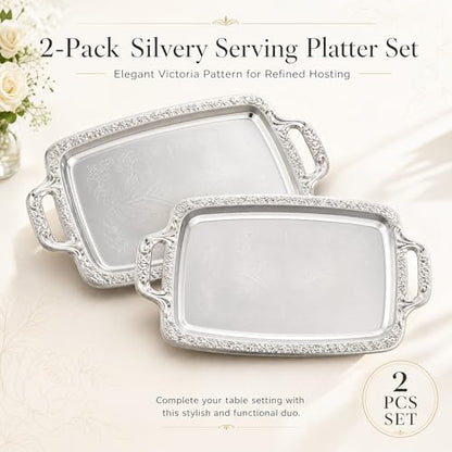 2 Pack Silver Serving Trays with Handles, Floral Engraved Polished Metal Platters, Multipurpose Decorative Tray for Food Serving Jewelry Cosmetics Home Party Decor