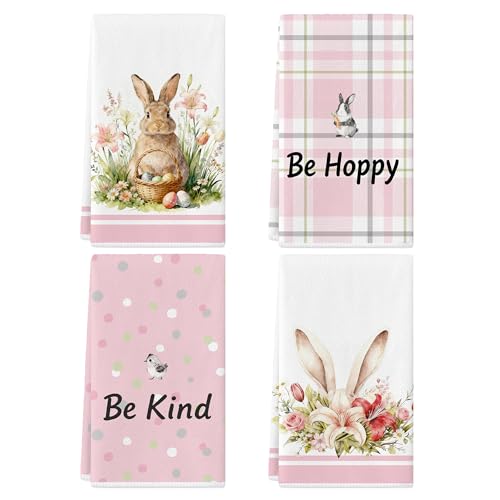 Buffalo Plaid Easter Kitchen Towels,Cute Rabbit Bunny Eggs Dish Towels Set of 4, Microfiber Pink Hand Towels 17x27 Inch,Spring Farmhouse Home Decoration, Floral Tea Cloths (Easter-Pink) - color: Easter-pink