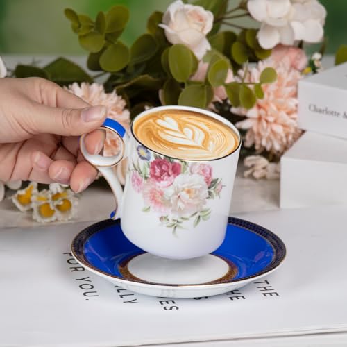 KAMMAK Tea Cups and Saucers Set of 2, Porcelain Coffee Cups, JBE015 | Stackable Espresso Mugs, Ceramic Demitasse for Coffee, Cappuccino, Latte, Americano, Tea - size: 8CZJBE015