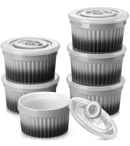 vancasso 6 oz Ramekins with Lid, Porcelain Creme Brulee Souffle Dishes,Set of 6, Grey Pudding Custard Cups Ramiken for Baking, Dishwasher and Oven Safe - color: Grey, size: 6 oz