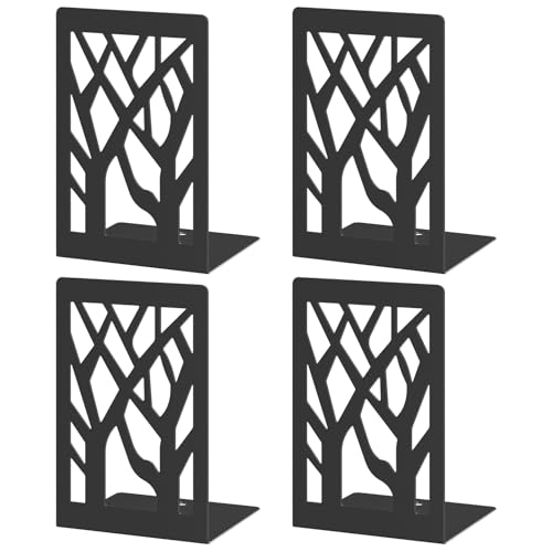 VFINE 4-Piece Modern Metal Bookends for Shelves, Black Tree Book Ends for Books, Decorative Book Organizer for Desk, Non-Skid Shelve Bookends for Home Office - style: Black bookend 2 pairs