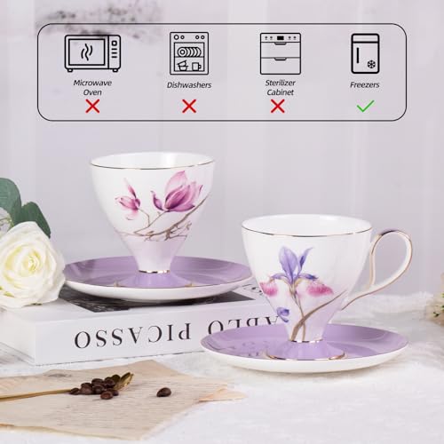 KAMMAK Ceramic Coffee Cups Saucers Set of 2, Porcelain Espresso Cups with Saucers, 8.12 oz Handcrafted Elegant Bone China Tea Cups, Purple Hibiscus & Iris Flower Pattern Teacup for Party, Office, Gift - color: Strolling in the Flower Garden (Hibiscus + Ir
