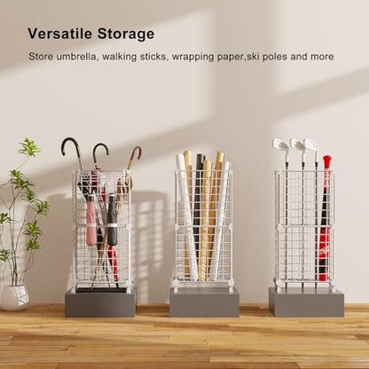 AWTATOS Umbrella Holder Entryway, Umbrella Stand Freestanding, White | Metal Square Umbrella Rack Organizer with a Removable Drip Tray, Hooks - color: White