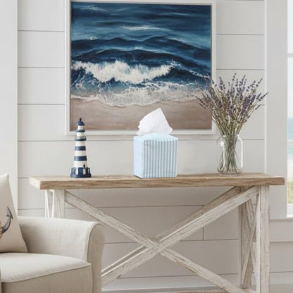 Potchen Tissue Box Cover Square Coastal Blue White Stripe for Bathroom Home | Washable Cotton, Decorative Modern, Fabric Tissue Holder, Stylish Storage, Breathable, Easy to Clean, Bedroom Office