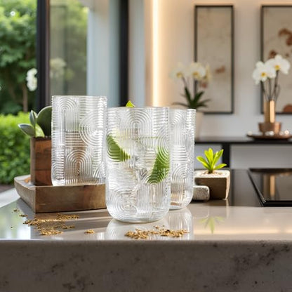 Glaver's Drinking Glasses, Highball Glasses, 17 Ounce Thick Embossed Designed, Set of 4 Clear Kitchen Glassware For Everyday Elegant Serving Coolers, Urban Pattern Modern Drinking Glasses - color: Clear, size: 17 Ounces