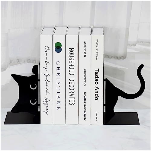 Book Ends Decorative,ENCIMART Book Ends,Metal Bookends,Book Holders for Shelves,Office Decorative Bookends,1.5mm Thickened Book Ends,Bedroom Library Office School Book Desktop Organizer Gift（Cat） | 1.5mm Metal Bookends for Heavy Books, Book Stoppers Desk