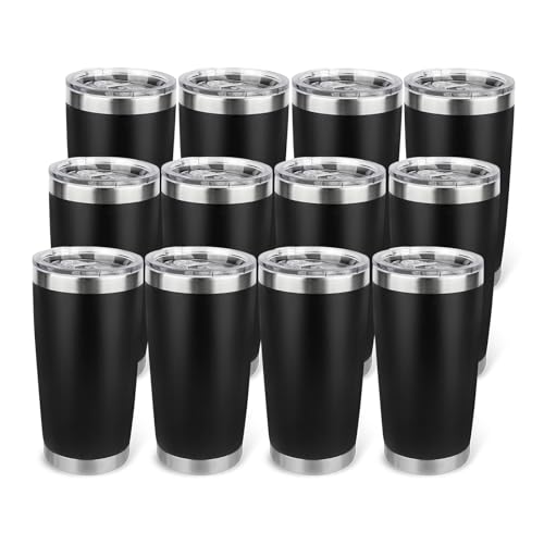 20oz Stainless Steel Tumbler Bulk with Lid, Travel Mug - Double Wall Vacuum Powder Coated Cup - Black, 12 Pack - color: Black, size: 12 Pack