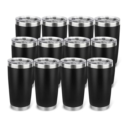 20oz Stainless Steel Tumbler Bulk with Lid, Travel Mug - Double Wall Vacuum Powder Coated Cup - Black, 12 Pack - color: Black, size: 12 Pack