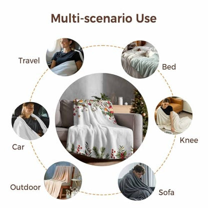 Christmas Throw Blanket, Poinsettia Balls Birds Berries Super Soft Warm Flannel Blankets for Bed Couch Sofa Xmas Winter Botanical Lightweight Fluffy Plush Bed Throws 50x60 Inch - color: White Red, size: 50''x60''