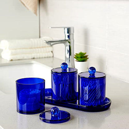 SheeChung 3 PCS Qtip Holder Bathroom Set with Tray, Acrylic Apothecary Jars | Blue Qtip Dispenser with Lid and Labels, Bathroom Qtip Holder Set for Cotton Ball, Cotton Swab 1 Pack Bathroom Vanity Tray - color: Blue