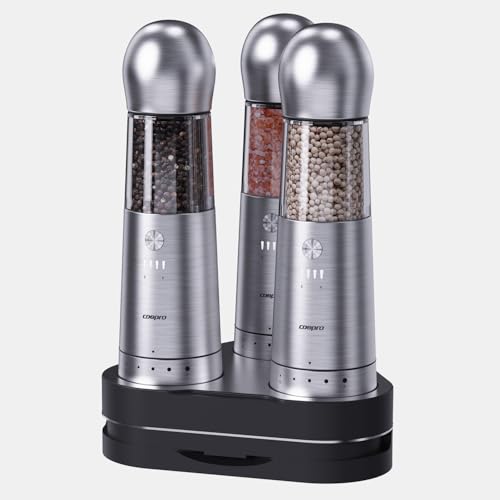 COSPRO Electric Salt and Pepper Grinder Set of 3 with Wireless Charging Base | Rechargeable Automatic Pepper Mill | Stainless Steel | One-Hand Use | Adjustable Coarseness | Easy Clean | Kitchen Gift - size: Set of 3