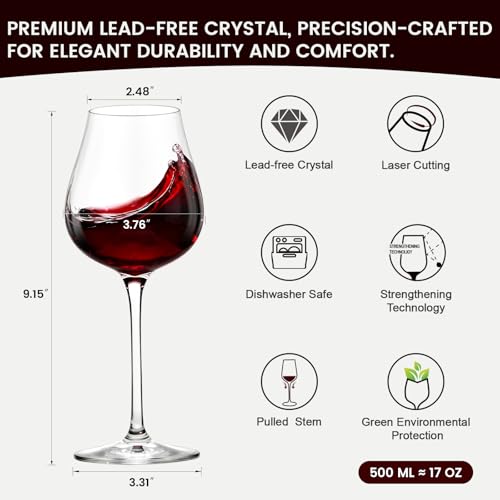 GENICOOK 17 oz Red Wine Glasses Set of 6 – Hand Blown Lead-Free Crystal Glassware with Long Stem, Elegant Clear Wine Glasses for Parties, Weddings & Celebrations - size: 17 OZ