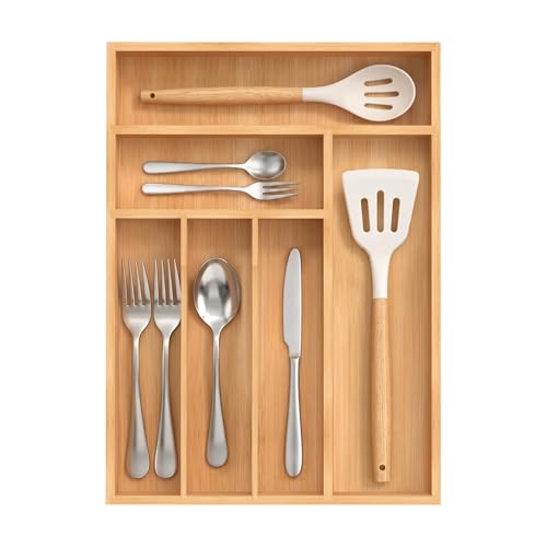 Bamboo Silverware Organizer, Kitchen Drawer Organizer, Utensil Holder, Cutlery Tray & Spoon Flatware Storage with Grooved Drawer Dividers (12''W x 16.5''D) - color: Natural, size: 12''W x 16.5''D