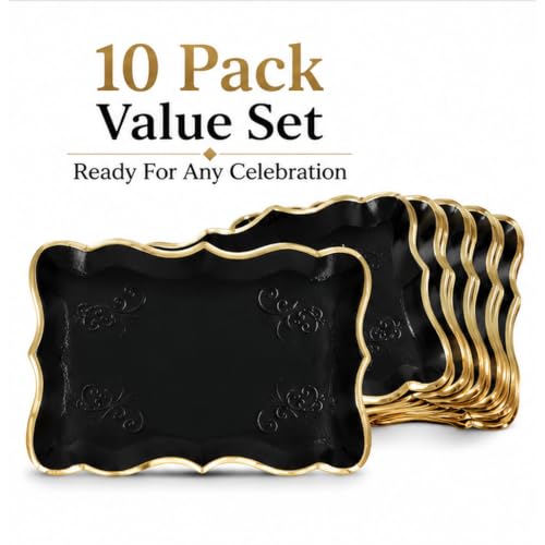 Black & Gold Rectangle Dessert Trays, 10 Pack, 9" x 13" | Disposable Food Safe Paper Serving Trays With Elegant Gold Rim For Desserts, Appetizers, Cupcakes, Weddings And Parties - color: Black, Gold
