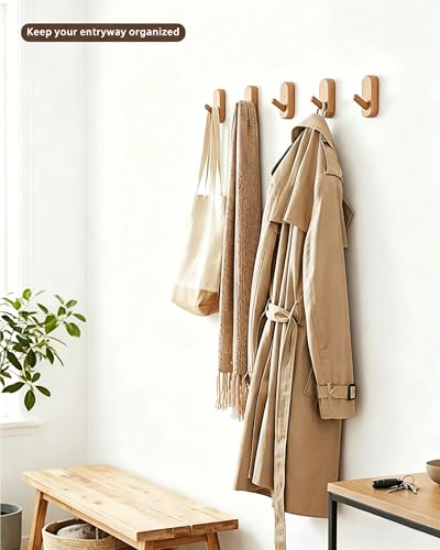 Wooden Wall Hooks for Hanging - 4 Pack Heavy Duty Coat Hooks Wall Mount- Solid Natural Wood Hat, Bag, Backpack & Towel Hooks - Modern Key Holder for Bathroom & Entryway (Beech) - color: Beech