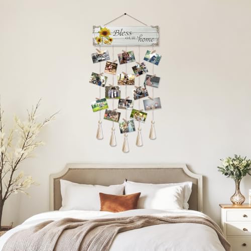 Bless Our Home Family Photo Hanging Display Board with 16 Clips, Rustic Wood Picture Collage Frame with Tassels Farmhouse Wall Decor - color: Bless Our Home