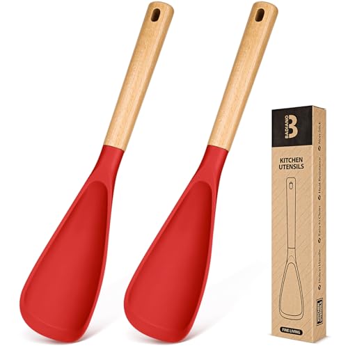 Cooking Spoon for Nonstick Cookwares, Great for Cooking and Serving Sturdy BPA-Free Matte Silicone, Wood Handle Spoon for Mixing, Scoop, and Scrape (2 Pack of Red, 13.4 inch) - color: 2 Pack of Red, size: 13.4 inch