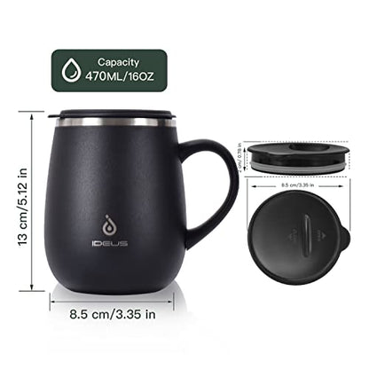 Ideus 16 oz Insulated Coffee Mug with Handle and Lid, Double Wall Stainless Steel Vacuum Thermal Coffee Mug, Travel Coffee Cup Thermal Cup for Home and Office (Storm Black, FUJI DAWN) - color: Storm Black