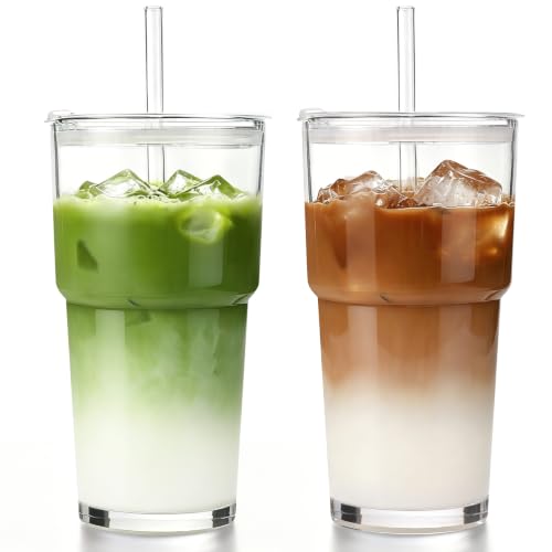 Iced Coffee Cups with Lids 2Pcs: Coffee Bar Accessories - Glass Tumbler with Straw and Lid 20oz - Vintage Glass Cups with Lids and Straws - Tumbler Leak Proof Aesthetic Drinkware for To Go Iced Coffee - color: Clear