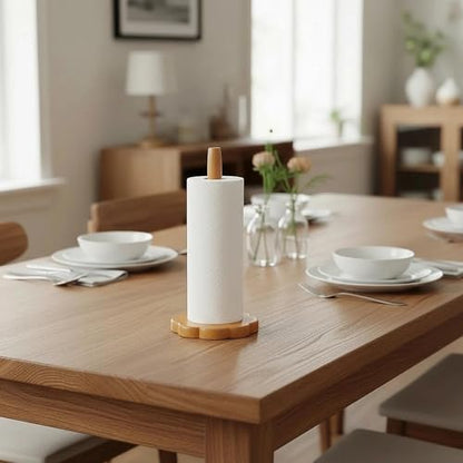 Wood Paper Towel Holder, Countertop Wooden Kitchen Towel Roll Stand with Flower Shape Anti Skid Base Rack Napkin Organizer for Kitchen Countertop Dining Table Cabinet(Wood Color) - color: Flower Shape Base