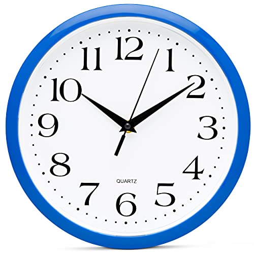 Bernhard Products 10 Inch Blue Quartz Analog Wall Clock - Silent, Easy to Read, Quality Construction, Simple Design, Lightweight, Easy to Hang, Battery Operated - color: Blue, size: 10 Inch