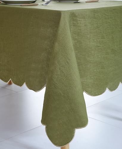 100% Pure Linen Scalloped Embroidery Rectangle Tablecloths 104Lx60W Inch for Dinners, Parties, Spring, Machine Washable, 8-10 Sets, 60''x104'', Olive Green(Edges-Gold) - color: Olive Green(edges-gold), size: 104" x 60" (Rectangular)