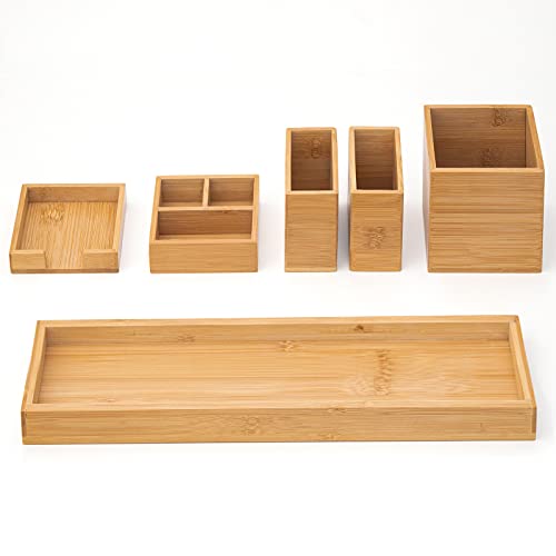 Bamboo Vanity Tray Set, 6-Piece Bathroom Organizer for Small Items | 14.9-Inch Long, Modular 6-Piece Set for Makeup, Jewelry and Small Items on Bathroom, Kitchen or Desk Counters