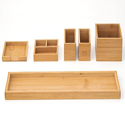 Bamboo Vanity Tray Set, 6-Piece Bathroom Organizer for Small Items | 14.9-Inch Long, Modular 6-Piece Set for Makeup, Jewelry and Small Items on Bathroom, Kitchen or Desk Counters