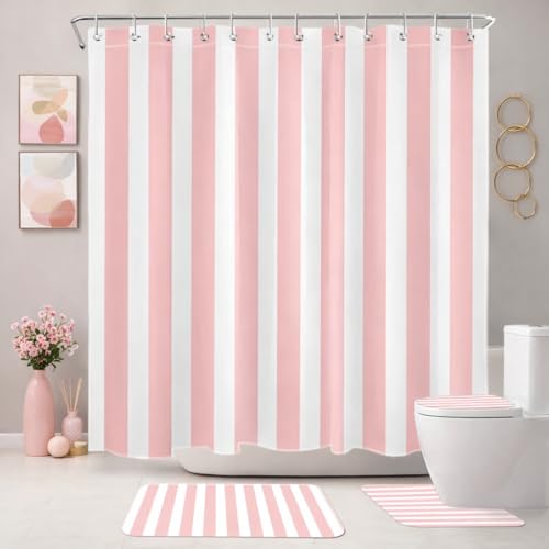 MASLEK 4 Piece Pink Shower Curtain Set, Modern Striped Bathroom Decor | 72W x 72L Inches; includes shower curtain, bath mat, contour rug, toilet lid cover and 12 hooks for coordinated decor. - color: Pink