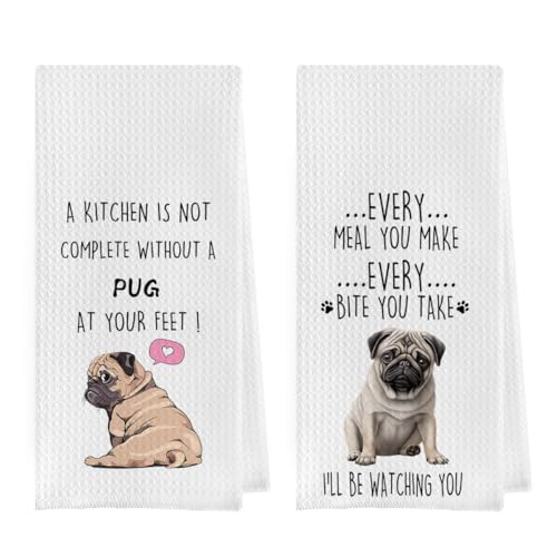 Funny Pug Dish Towels Set - Pug Waffle Weave Kitchen Towels, Pug Decorative Hand Tea Towels for Bathroom Kitchen, Pug Gifts for Pug Lovers (16×24 Inches Set of 2) - color: Pug