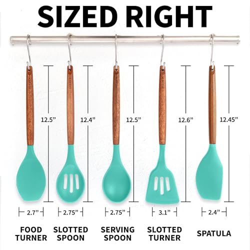 Zulay Kitchen 5 Piece Silicone Utensil Set | Non-Stick Silicone Cooking Utensils Set with Acacia Wood Handles - 464°F Heat Resistance Kitchen Utensils Set - Mint - color: Mint, size: 5-Piece Set