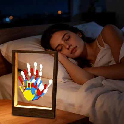 CHERRY CHEERS Family Handprint Kit with Light, Handprint Keepsake Frame, Wooden Led Light, Easy Install, No Need Screw etc, Non-Toxic Paints (Brown) - color: Brown
