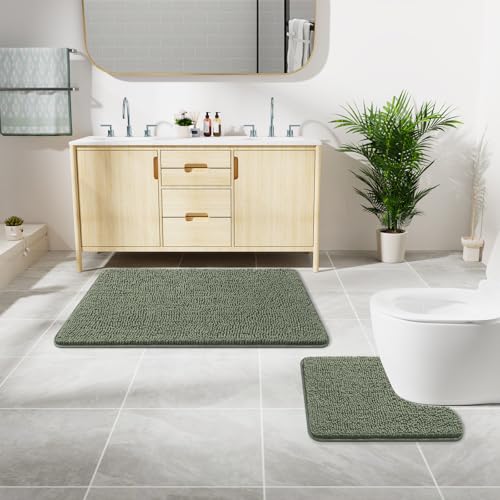 LOCHAS Bathroom Rugs Sets 2 Piece, 20''x20'' & 34''x21'', Sage Green | Non Slip U-Shaped Toilet Rug, Chenille Washable Absorbent, Soft Bath Mat Set for Shower, Sink - color: Sage Green