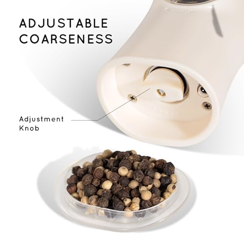Flendy Gravity Electric Salt and Pepper Grinder Set with Charging Base | USB-C Charging Base, Gravity-Activated, Automatic, Rechargeable, Dust Cover, Large Capacity, Slim, Kitchen Housewarming Gift - color: Cream