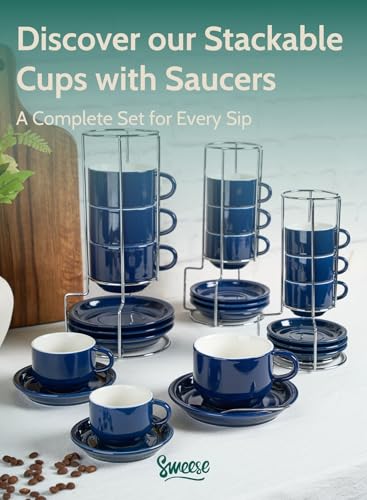 Sweese 2.5 Ounce Porcelain Stackable Espresso Cups with Saucers and Metal Stand Set of 4, Navy - color: Navy, size: 2.5 Ounces