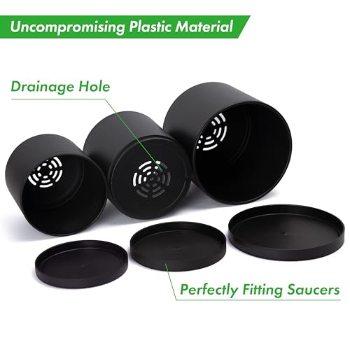 D'vine Dev 3-Pack Plastic Pots & Saucers, 6/6.5/8 in, Black, 74-V-B-3 | Multi-Size Options, Lightweight Durable, Matte Finish, Cylinder Shape, Drainage Holes, Sleek Design, Detachable Saucer - color: Matte Black, size: Medium