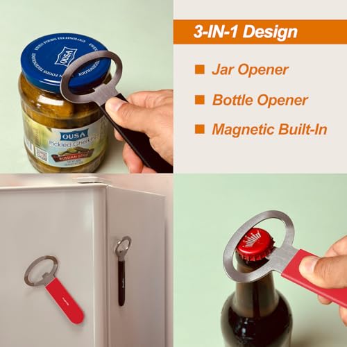 Magnetic Jar Opener Gripper, Jar Openers Top Rated For Seniors Weak Hands, Bottle Opener Built-In, 2-IN-1 Jar & Bottle Opener x 1, Red, Rubber Jar Openers Gripper x 4 - color: Red
