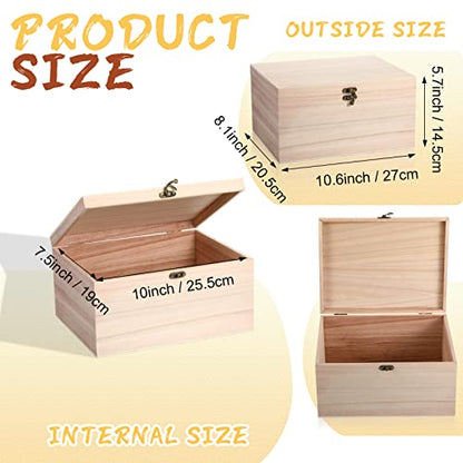 Yookeer 2 Pcs Large Unfinished Wooden Box with Hinged Lid and Front Clasp, Rectangle Unpainted Crafts DIY Wood Boxes Treasure Chest Stash Box for Art Gifts Jewelry Home Storage, 10.6x8.1x5.7 Inch