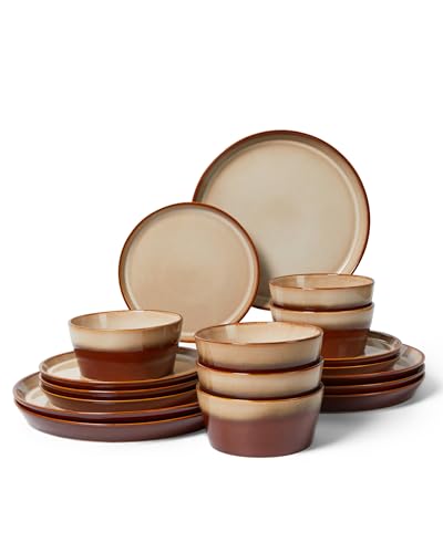 Dinnerware Set for 6, Ceramic Dish Sets, Plate and Bowl Set, Microwave & Dishwasher Safe Dishware Set, Chip & Scratch Resistant Dinner Set, Each Piece Unique, Amber Brown - color: Amber Brown, size: Service for 6-18Pcs